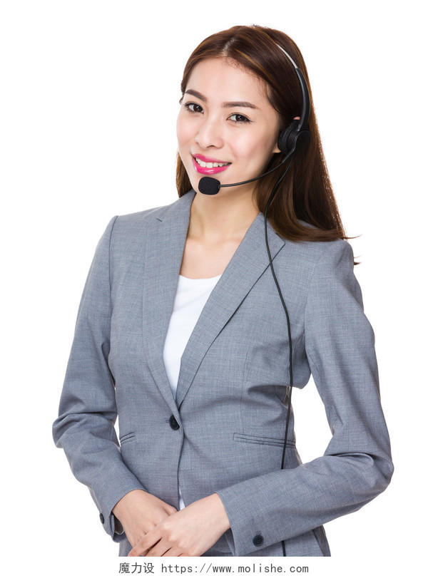 一个穿着灰色西装带着耳机的亚洲女性客户服务代表服务提升客服人员美女客服